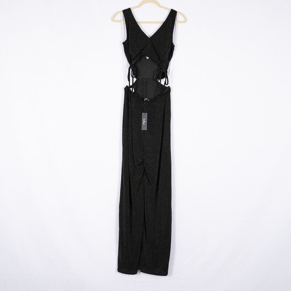 Lulus Black Slinky Knit Jumpsuit w/ Cutouts & Side Gathers #R1095 Wide Leg SMALL - Picture 3 of 4